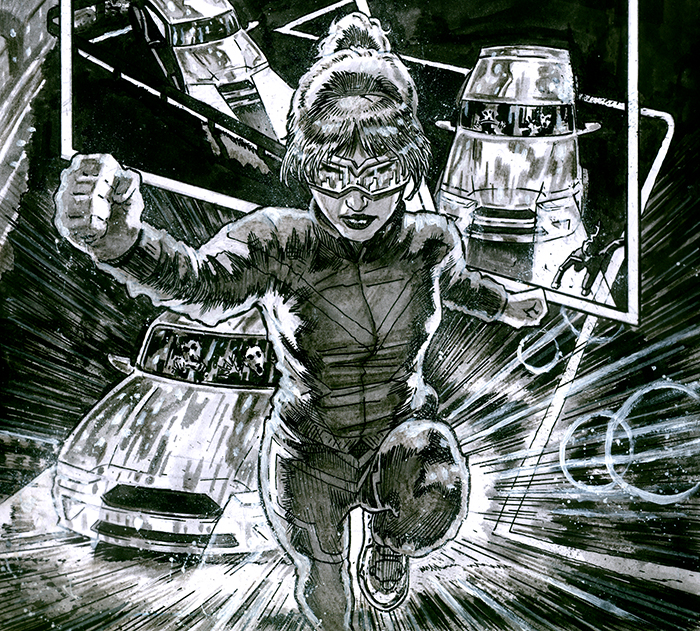 A superhuman woman with super speed chasing a reckless driver.