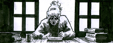 Black and white comic book art of a woman sat diligently writing at a desk, surrounded by books.