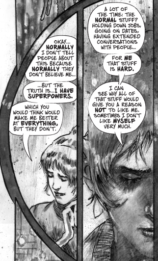 A excerpt from the comic book: Zip. Zip an imperfect superhuman, bears her soul as she tries out speed dating. (Image 1 of 2).