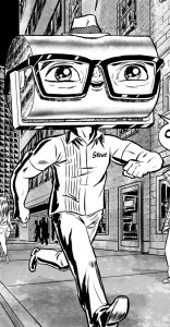 Steve Rollerman, the secret identity of Steamroller Man, walking down a Metropolis-style street. His disguise is a ridiculously huge pair of glasses which cover his giant steamroller-head, and business attire.