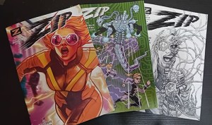 A photo cropped into an article banner depicting our third issue's three covers, one depicting our titular character Zip, running at super speed, one depicting Zip running from a jet propelled, multiheaded robot firing miniguns, and one depicting Zip, horrified as she transforms into a machine.