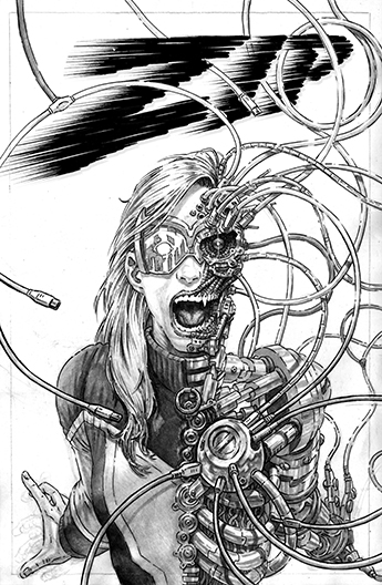 Black and white comic art with heavy inks. A woman in a tracksuit themed superhero costume and goggles, screaming in horror as she is transformed into a robot.