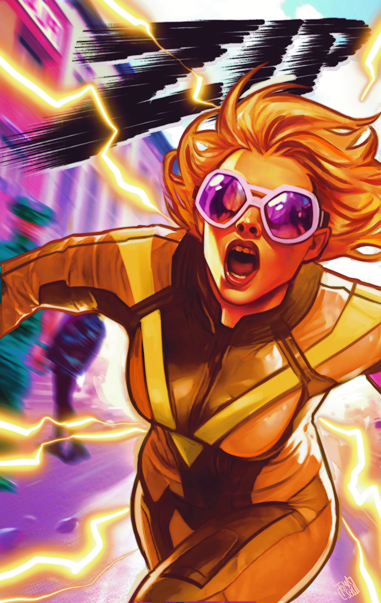 A comic book cover with a vibrant colour pallet where a woman is running in the foreground. She is wearing a costume modelled after a tracksuit, and her hair is blowing in the slipstream she has created by her speed. The energy she is creating is causing electricity to spark around her. She is almost entirely lit in an amber tint, all except for her googles, which are bright purple in contrast: a hue which matches the blurred buildings that she is whizzing past. The comic's title 'Zip' is stylised as if it too, is blurred by moving at great speeds, and is distorted in places by the bursts of electricity.