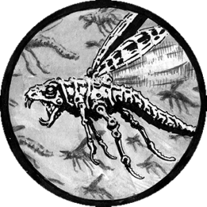 A circular panel from a black and white comic in a gritty, photorealistic style with heavy linework.

A swarm of nanobots which resemble robotic locusts flying menacingly in formation.

No text in this panel.