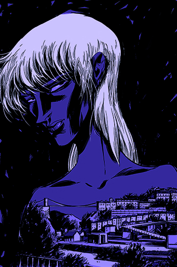 Comic book cover art. A monochrome purple colour pallet depicting the Bristol Clifton Suspension Bridge, and in the sky above it the woman from the first cover is looking off into the distance, as if she is a giant above the city. Text on the cover reads: by Mike Scrase, San Espina and Ferran Delgado. The Zip logo is blurred, as if moving very quickly itself.