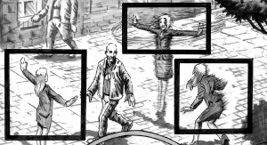 Black and white comic art in a gritty, photorealistic style with heavy linework.

A young woman spins around a middle aged man, showing off the fact that she is able to move so quickly she can turn her body into a living tornado.