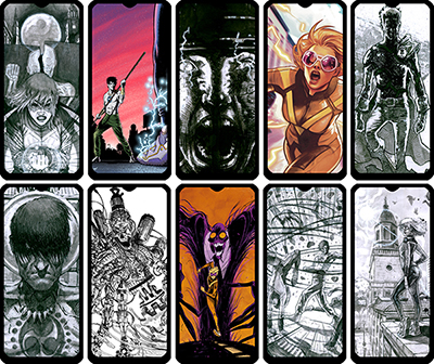 Comic art, 10 smartphone wallpapers. 1: a woman clutching her fist intensely, as it glows. 2: a martial artist wielding a bo staff in a pink sunset. 3: Extreme close up of a screaming face being electrocuted. 4: colourful cover art, a woman in a tracksuit superhero costume sprinting at super speed. 5: a caped, silhouetted superhero standing in mist. 6: a gaunt, bare chested man looking grimly straight at the viewer. 7: a menacing skeletal robot with a mass of cables and strange machine parts protruding from it. 8: the speedster heroine running a giant living shadow which is wearing a suit. 9: speedster heroine fighting bare-chested martial artist, their swipes at each other swirling around like a tornado. 10: speedster heroine brooding on a rooftop.