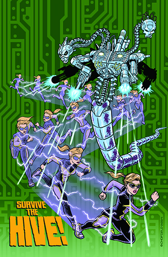 A colourful comic book cover. A multiheaded robot with long necks like a hydra is firing several arm-mounted miniguns at a woman in goggles and a superhero costume inspired by a tracksuit. She is running and weaving away from the line of fire at super speed, leaving a line of lightning in her wake. Top text reads: "Zip." Bottom text: "Survive The Hive!"
