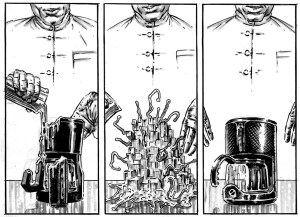 A three panel black and white comic in a gritty, photorealistic style with heavy linework.

In the first panel, a scientist pours a silvery liquid onto a coffee maker.

In the second panel, the liquid comes alive and deconstructs the coffee machine. In the third, the coffee maker has been redesigned by the living liquid metal.

No text in this panel.