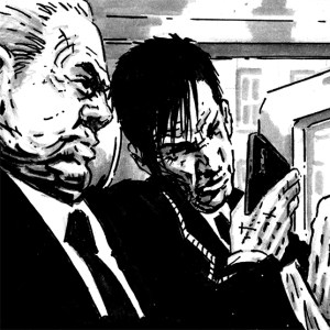 Black and white comic art in a gritty, photorealistic style with heavy linkwork.

Two men middle aged men in suits are sat in a van. The younger of the two is showing the other his phone. The older man is looking at the screen incredulously.