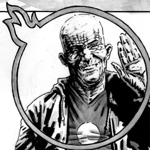 A panel from a black and white comic in a gritty, photorealistic style with heavy linkwork.

A middle aged, balding man is waving. He is wearing an old jacket and a t-shirt with a sun on it. Around him his is framed by fireball comic-gutter.

No text in this panel.