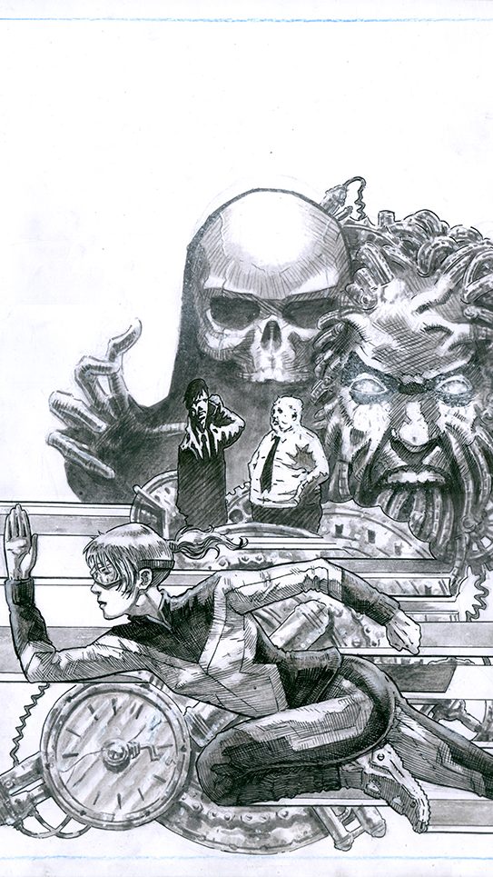 Comic book cover. A speedster superheroine wearing goggles runs. In the background a face being penetrated by cables is screaming in pain. Two bewildered blue collar types stand amid the chaos, and a skeletal figure looms behind them all. Text on the cover reads: Spectacular debut issue of a very unusual speeder! By Mike Scrase, San Espina and Ferran Delgado. The Zip logo is blurred, as if moving very quickly itself.