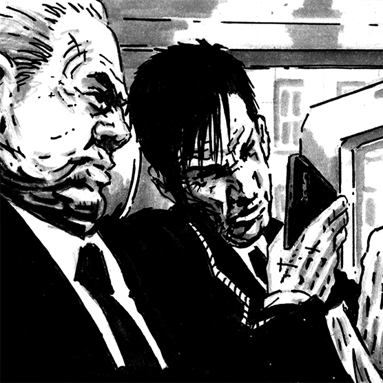Black and white comic art in a gritty photorealistic style. Two men are sat in a van. They were wearing suits and staring intensely a smartphone. One of the men is older than the other, his hair beginning to thin and grey. The other has black hair and a fringe which covers his forehead.
