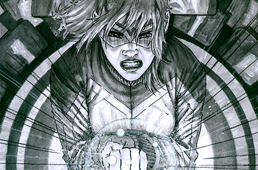 Black and white comic cover art, with heavy linework, depicting a woman in goggles and a superhero costume modelled on a tracksuit. She is clutching her fist, which is glowing, while she grimaces in panicked concentration. There is a moonlit city street and x-rays hanging in the sky in the background.