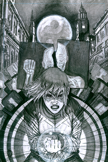 Comic book cover art depicting a woman in googles and a superhero costume modelled on a tracksuit, clutching her fist as it glows. There is a moonlit city street and x-rays hanging in the sky in the background. The art is black and white with heavy linework. Text on the cover reads: by Mike Scrase, San Espina and Ferran Delgado. The Zip logo is blurred, as if moving very quickly itself.