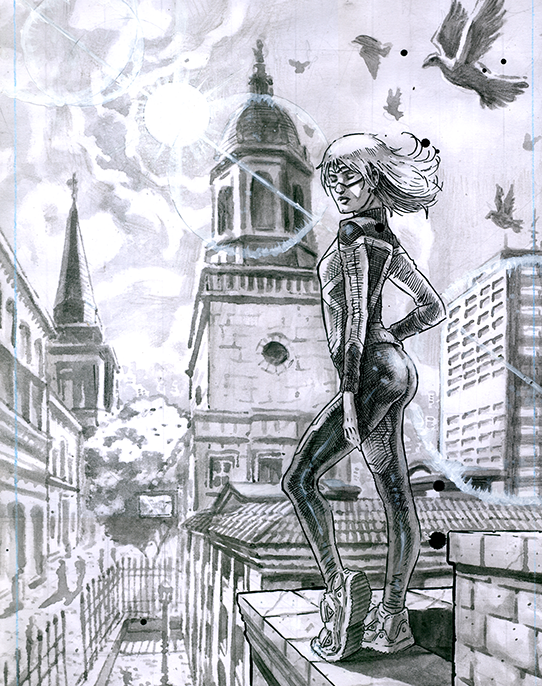 Black and white comic comic art with a gritty, photorealistic style and heavy inks. A woman in goggles and a tracksuit inspired superhero costume standing on a building. Below her is a Bristol street, and in the background an impressive old spire stretches into the sky. A pigeon is flying overhead.