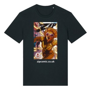 A product mock-up of a black t-shirt. On the t-shirt is a print: it is comic cover with the logo "Zip" at the top. The art is of a woman in goggles and a tracksuit inspired superhero costume running at super speed, with buildings blurring behind her. Below the cover is a URL: zip comic dot co dot uk.