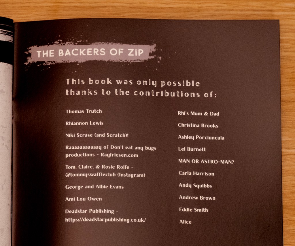Photo of an open page in the back of a comic book, showing the heading 'The Backers of Zip' followed by text: 'this book was only possible thanks to the support of', which is then followed by a list of backer names.