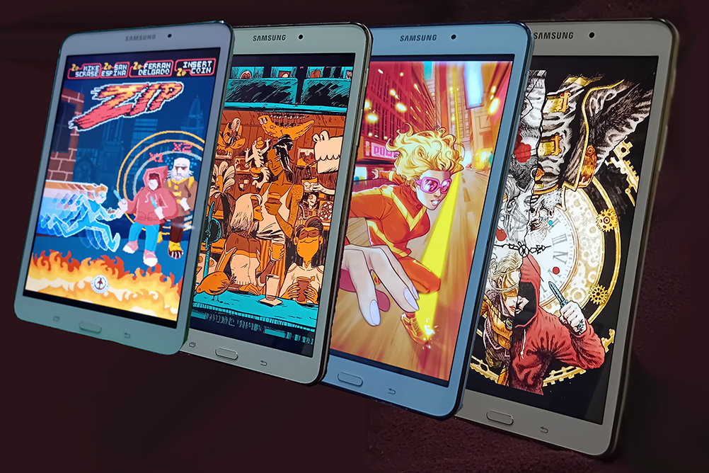 Four covers for Zip issue 4, each displayed on a tablet screen. San Espina's cover depicts a woman superhero and a hooded figure wielding a knife. They are stood in front of a huge clock face. Giulio Centrella's cover shows a blonde superheroine in a tracksuit inspired costume and wearing goggles running at super speed down a city street. Tall buildings and neon lights blur in the background behind her. Vanessa Cardinali's cover displays a superhero bar. The patrons in the background are outlandish types, some are living flowers, some have tentacles, and some have fins or tails. At the front, the title character of the comic a speedster named Zip, is speaking to another superhero named Planemo, who is dressed in a tank top. There is a pigeon eating crumbs on the bar top. Ray Friesen's cover is pixel art of a superheroine wearing googles and a tracksuit inspired costume running across a rooftop, towards a hooded person clutching a knife, and an elderly man whose white beard flows in the wind. Behind the two people she is rushing to, there are ripples in the air emanating from behind them.