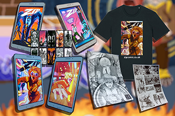 A product mock up with a t-shirt, smartphones displaying wallpapers, some stickers, and an A3 poster to the right of four tablets displaying different comic covers. One cover depicts a woman in googles and a superhero costume based on the design of a tracksuit. She is running away from a huge shadow monster wearing a suit. The next cover displays the woman's leg in the foreground, as if she is in a Western style standoff. In the background we see her foe: a shirtless man wielding a bo staff. The next cover sees the woman running with lighting cracking around her, and the fourth cover depicts the woman running at superspeed with buildings blurring past her. The artwork on the t-shirt is the same as on the third comic cover. The poster depicts the woman clutching her fist in anguish: the fist is glowing. There are ten smartphone wallpapers and seven stickers.