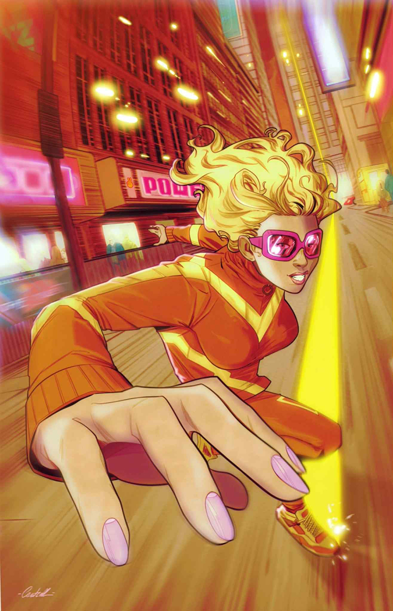 Comic book cover art. A blonde superheroine in a tracksuit inspired costume and wearing goggles running at super speed down a city street. Tall buildings and neon lights blur in the background behind her.