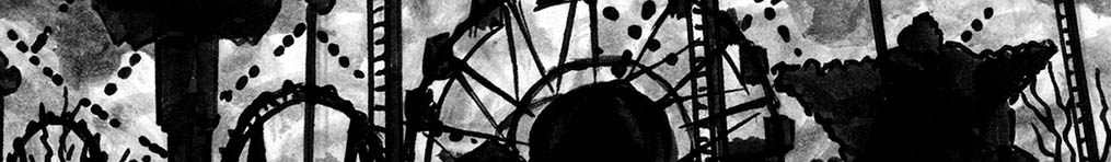 Black and white comic book art. The dark skyline of fairground at night. The shadow of a huge Ferris wheel can be seen against the sky.