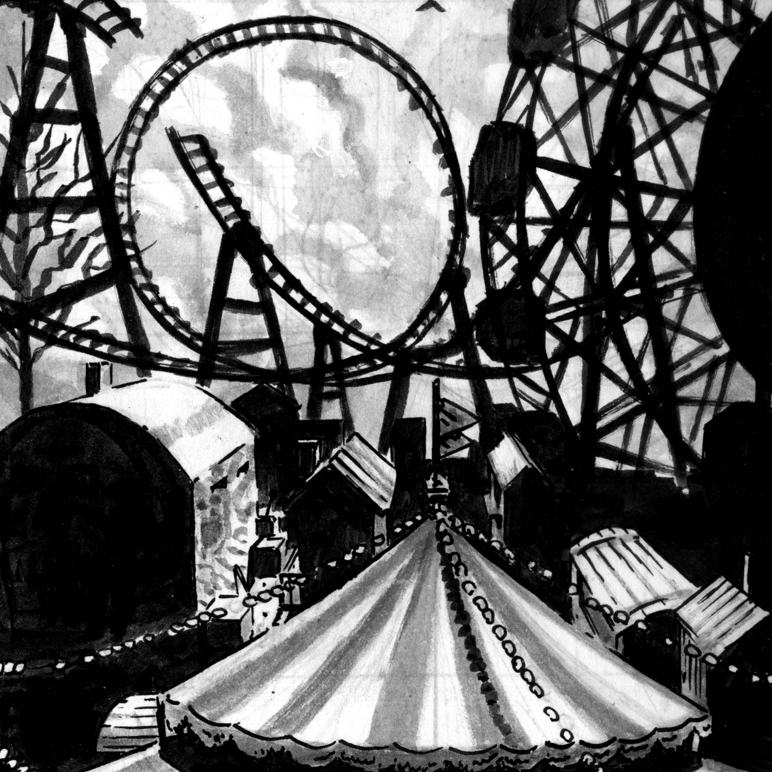 Black and white comic book art of a fairground landscape. There is a rollercoaster in the distance shrouded in shadow, and a big top tent in the foreground.