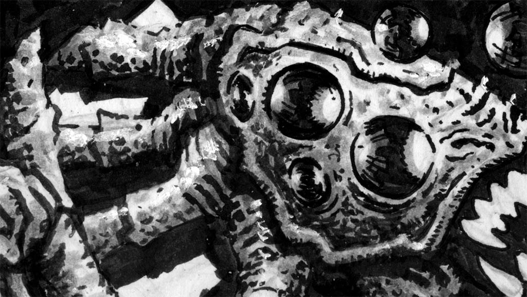 Black and white comic book art of a spider-like cryptic creature hiding in the shadows.