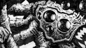 Black and white comic book art of a spider-like cryptic creature hiding in the shadows.