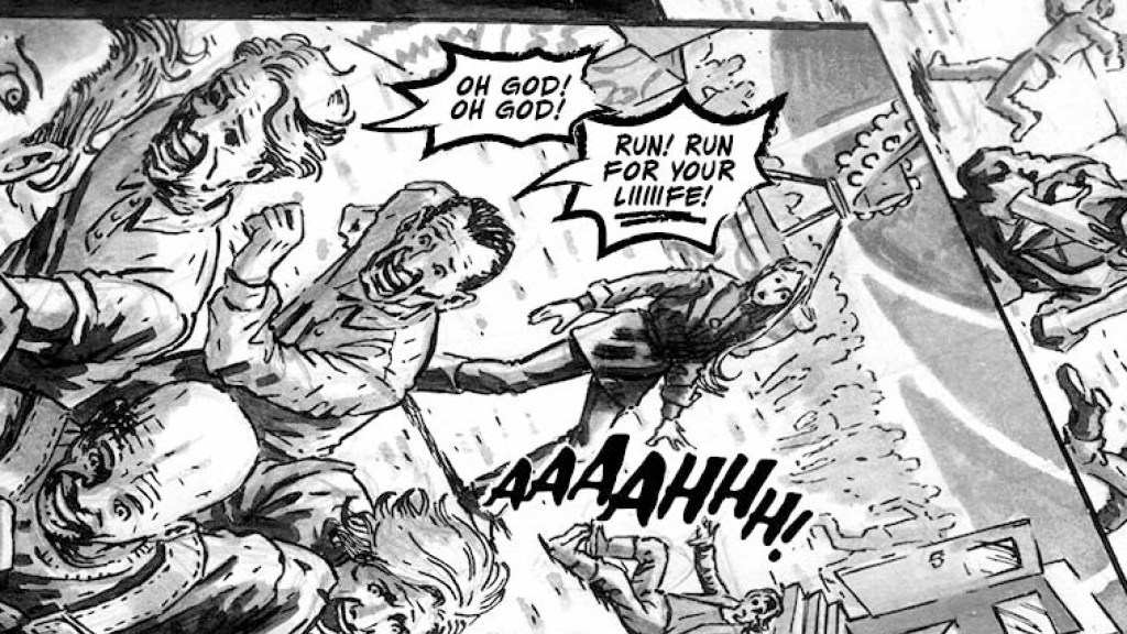 Black and white comic book art. A huge crowd of people is running in terror, while a woman stands watching them, confused. Members of crowd scream: "Oh god! Oh god!" and "Run! Run for your life!" or simply "AAAH!"