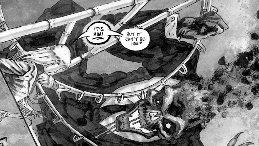 Black and white comic art of a huge monster hulking over a Ferris Wheel, and a woman looking up at it in terror. Her dialogue is: "It's him! But it can't be him!"