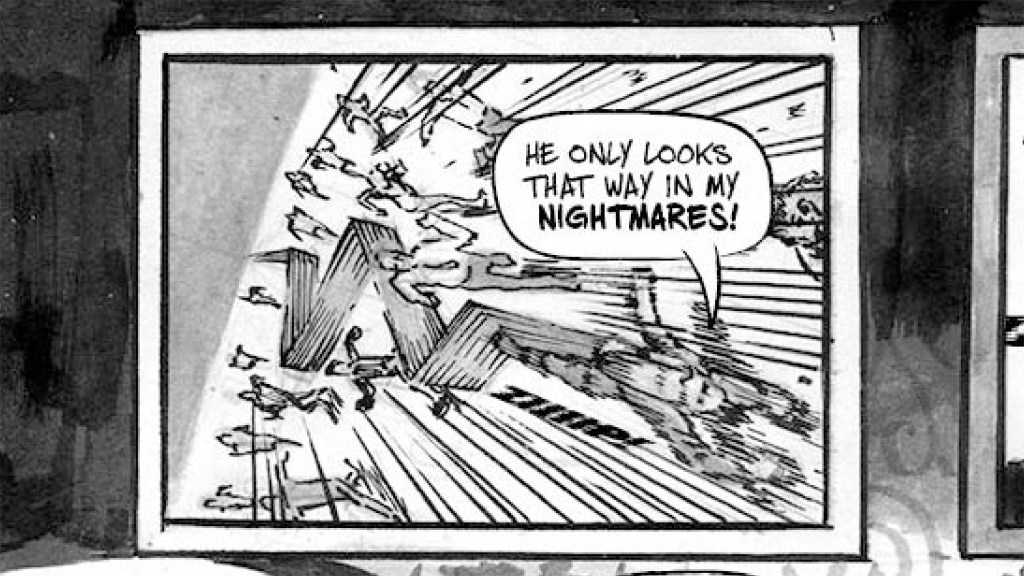 Black and white comic book art of a woman running through a huge crowd of people at super speed. Her dialogue is: "He only looks that way in my nightmares!"