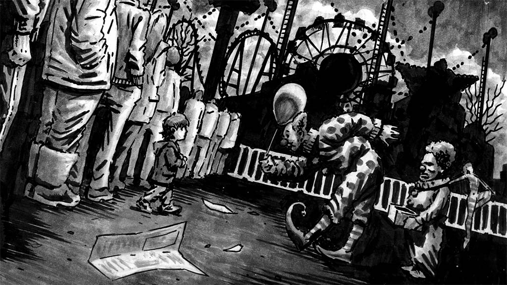 Black and white comic book art of shadowy fairground skyline, featuring a Ferris wheel and the loop of a rollercoaster. In the foreground two clowns are entertaining a line of people.