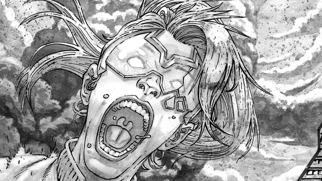 Black and white comic book art of a woman in goggles screaming, with an atomic explosion behind her.