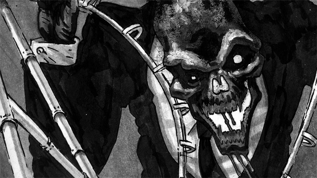 Black and white comic art of a huge monster hulking over a Ferris Wheel.