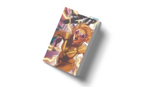 Mock up of a trade paperback/graphic novel. Comic cover art of a woman in goggles and a tracksuit inspired superhero costume running at super speed, with buildings blurring behind her.