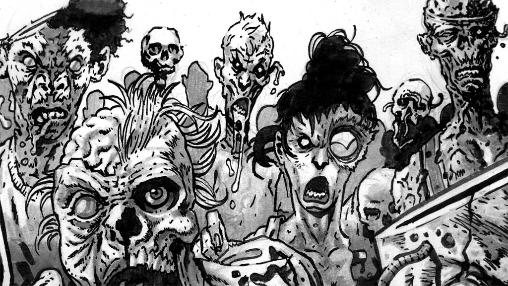 Black and white comic art of a hoard of zombies.